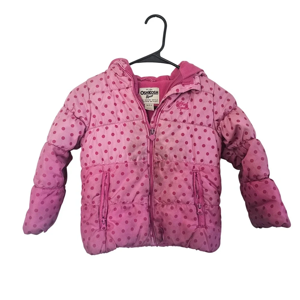 OshKosh Bgosh Girls Pink Polka Dot‎ Puffer Jacket Fleece Lined Hooded Coat M 5-6
